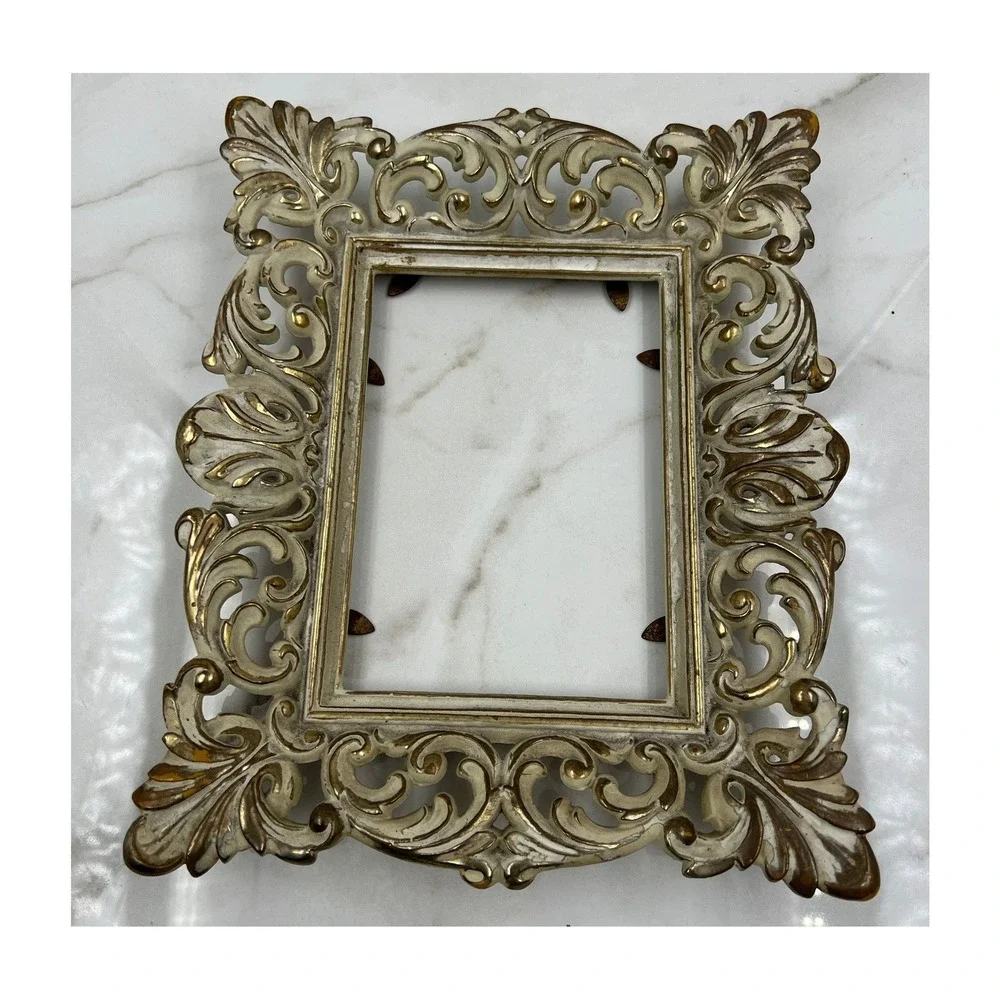 Vintage Ornate Gold Cream Rococo Picture Frame Baroque Scrollwork 5x7 Opening